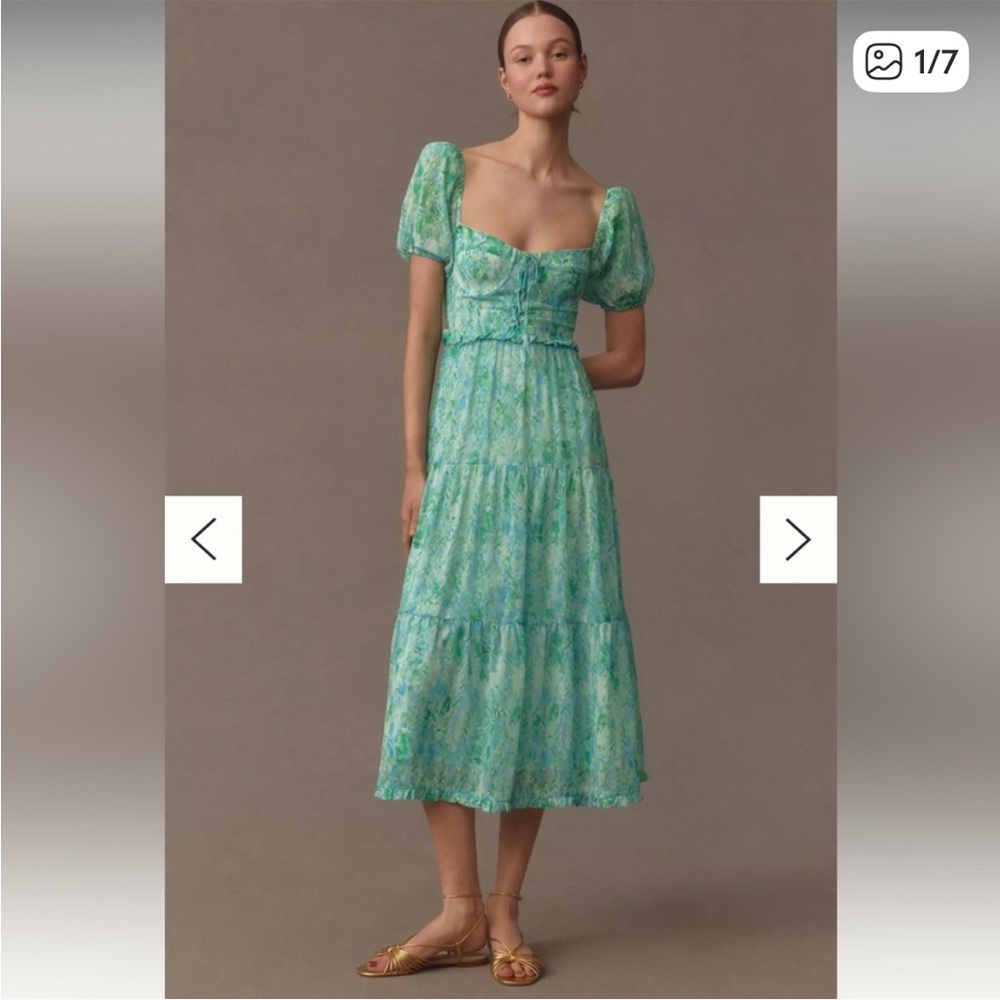 ASTR The Label Bustier Puff Sleeve Midi
Dress Green Blue Floral M